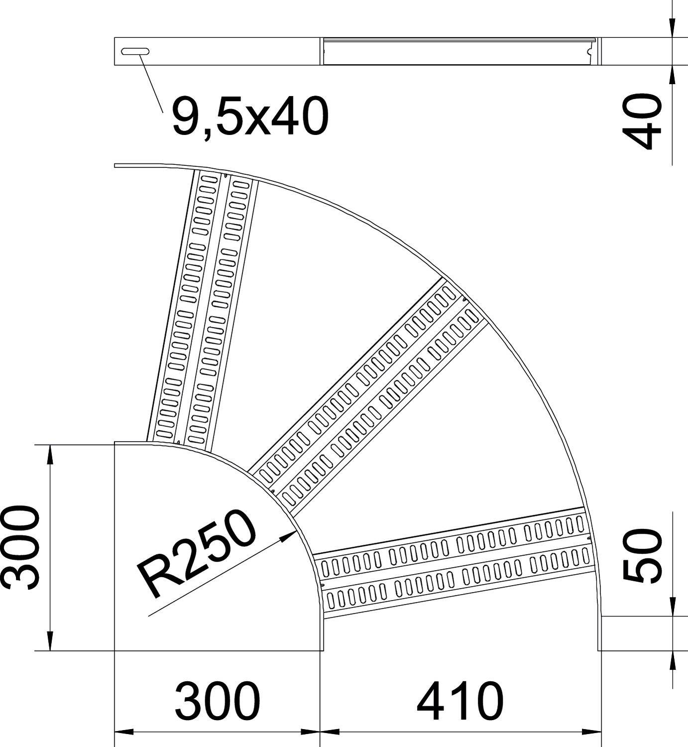 Technische Zeichnung eines gewölbten Bauteils mit einem Radius von 250 mm, Höhe von 300 mm und Breite von 410 mm. Enthält Maßangaben.
