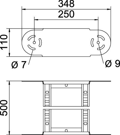 Technische Zeichnung eines strukturellen Bauteils mit Maßangaben: oben 348x110 mm mit 250 mm Bohrungsabstand, unten 500 mm Höhe.