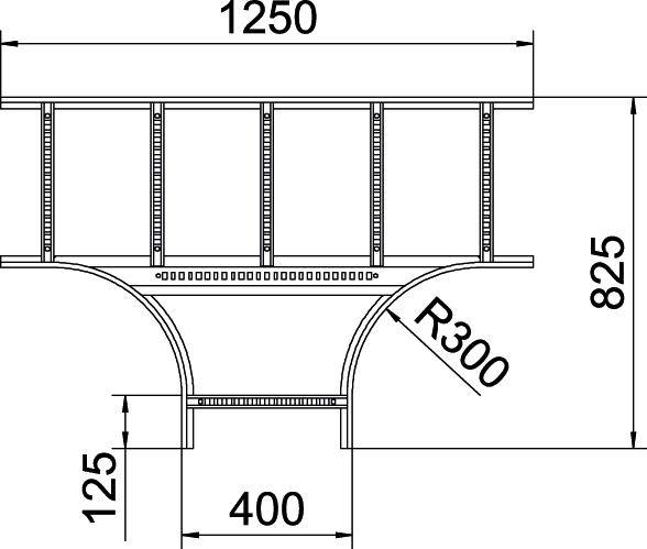 Bauplan einer Brücke mit Maßen: Länge 1250 mm, Höhe 825 mm, Radius der Rundung R300 mm, Breite zwischen Säulen 400 mm, Säulenhöhe 125 mm.