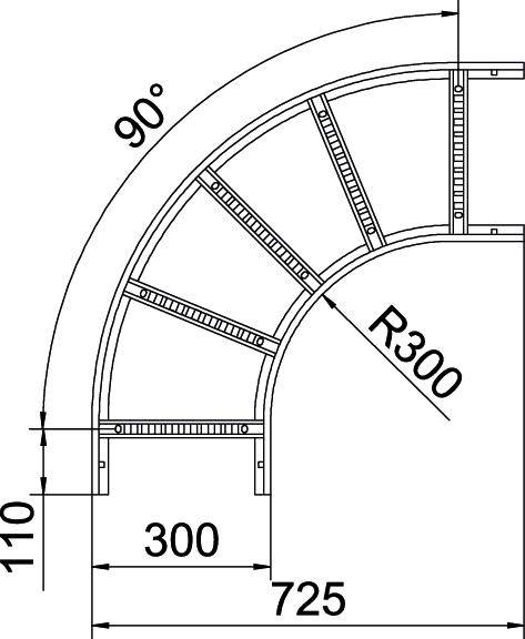 Konstruktionszeichnung eines 90-Grad-Winkelstücks mit einem Radius von 300 mm. Maße: 110 mm Höhe, 725 mm Breite, 300 mm Tiefe.