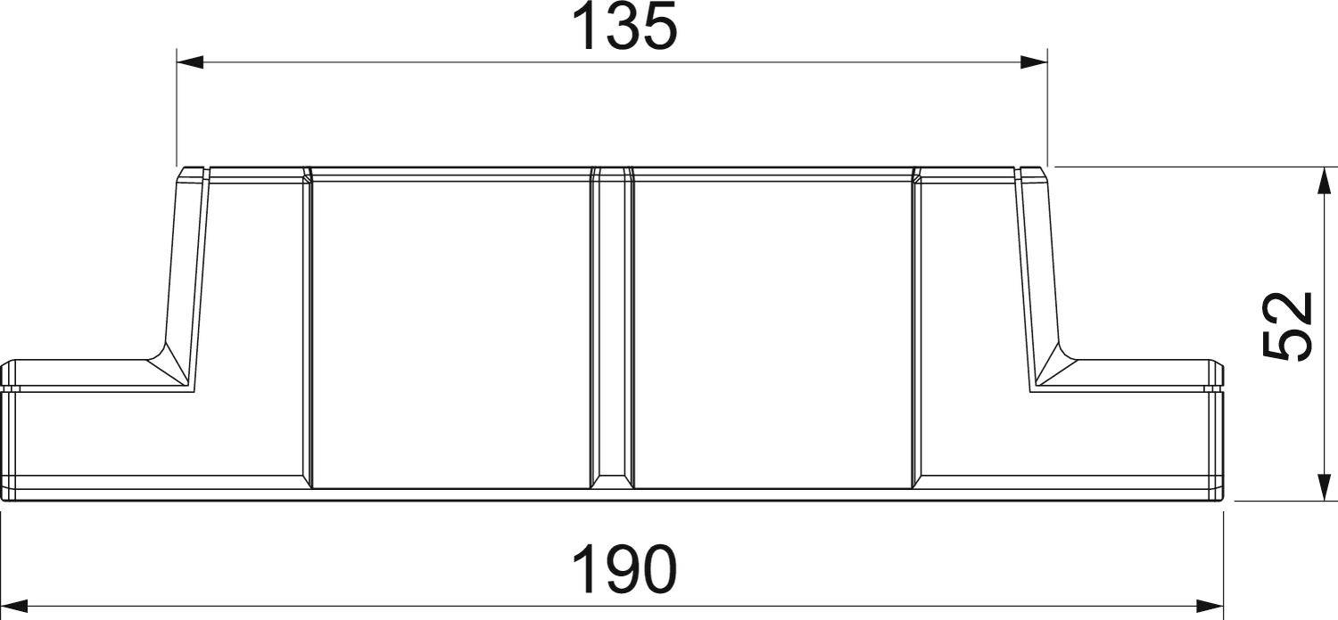 Technische Zeichnung eines rechteckigen Teils mit Maßen: Länge 190 mm, Breite 135 mm, Höhe 52 mm.