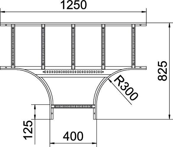 Technische Zeichnung eines Metallrahmens mit Maßen: Breite 1250 mm, Höhe 825 mm, Bogenradius R300. Untere Balkenabstände beschriftet.