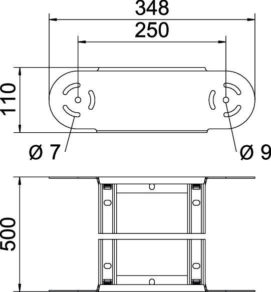 Technische Zeichnung eines Metallträgers mit Maßen: Länge 500 mm, Breite 110 mm, Höhe 250 mm. Breitenlöcher: 7 mm und 9 mm Durchmesser.
