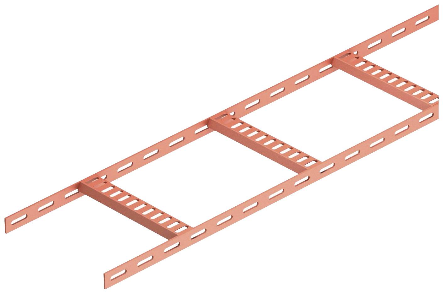 Ein orangefarbenes Kabeltragsystem aus Metall, bestehend aus langen, perforierten Streben und Querträgern, zur Kabelunterstützung.