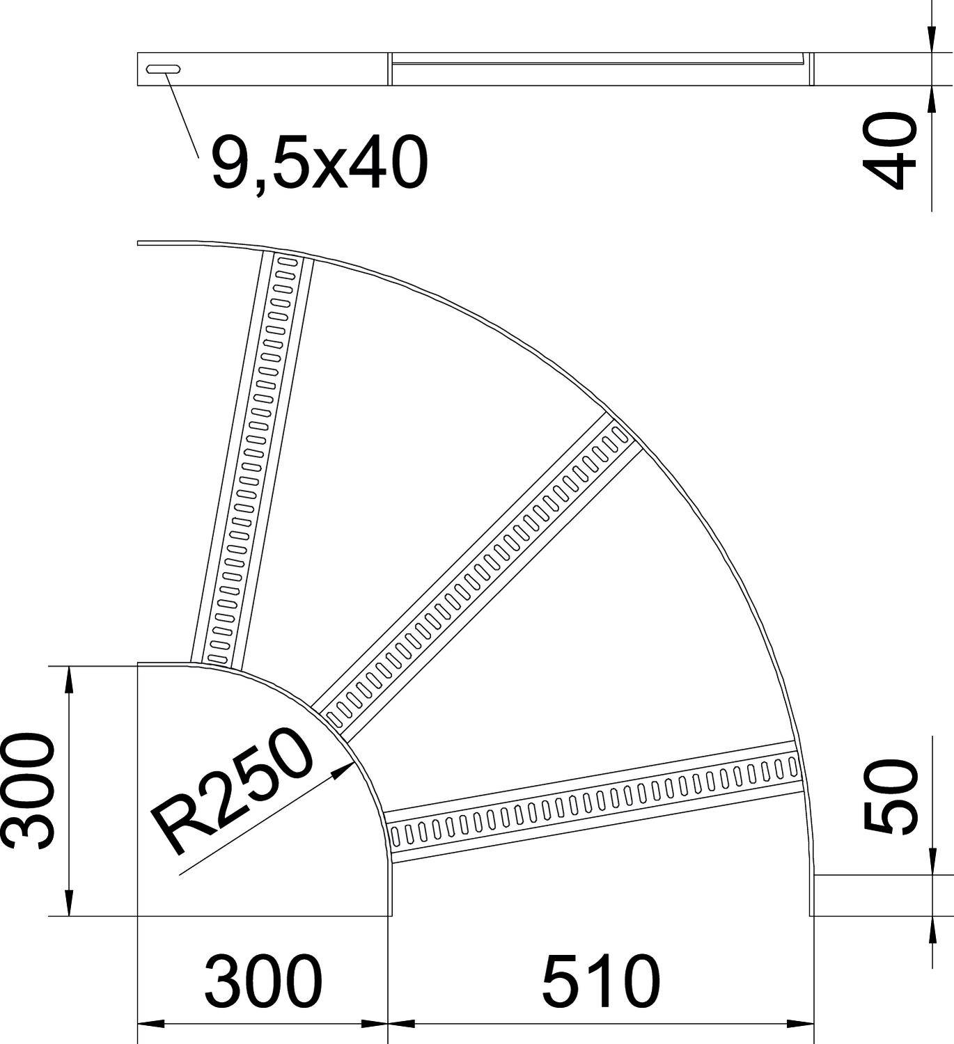 'Technische Zeichnung eines abgerundeten Treppenprofils. Maße: Radius 250 mm, Höhe 300 mm, Breite 300 mm, Länge 510 mm.'