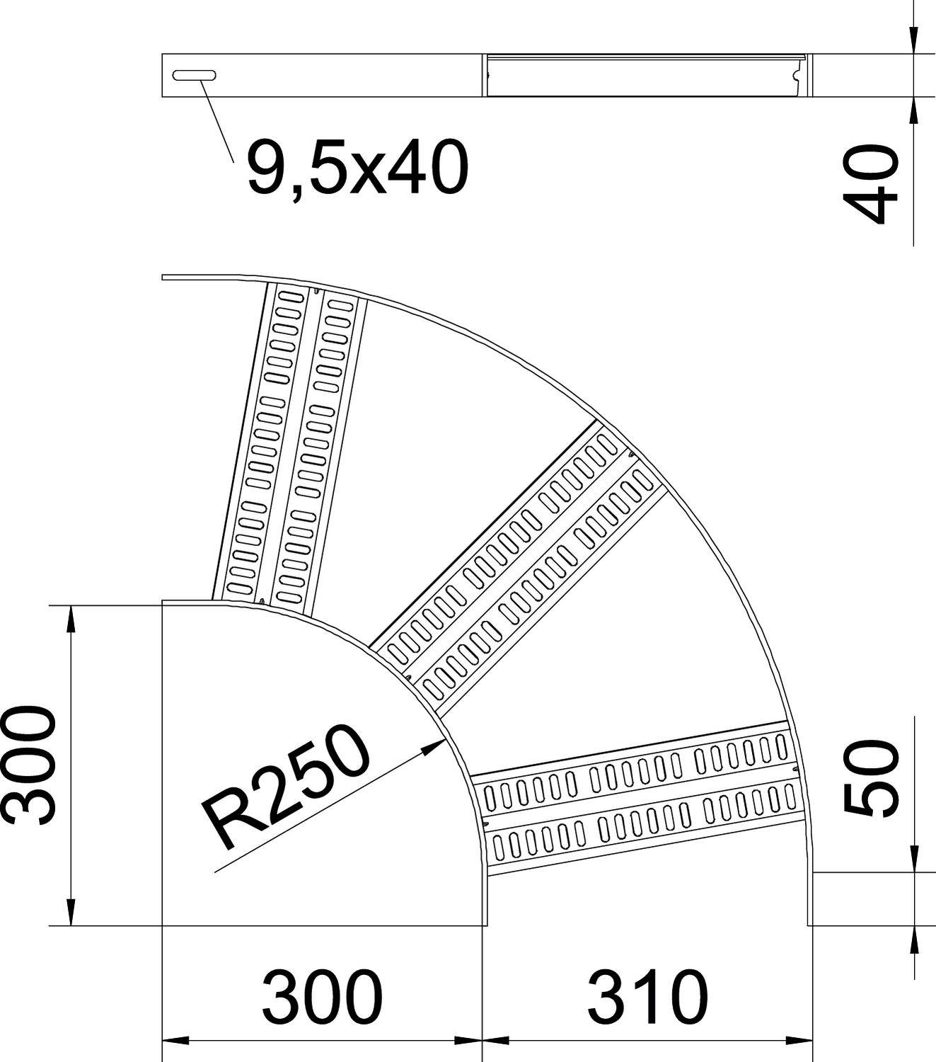 Technische Zeichnung eines Viertelkreiskantenschutzes mit eingebautem Profil. Maße: Radius 250 mm, Höhe 300 mm, Breite 310 mm.