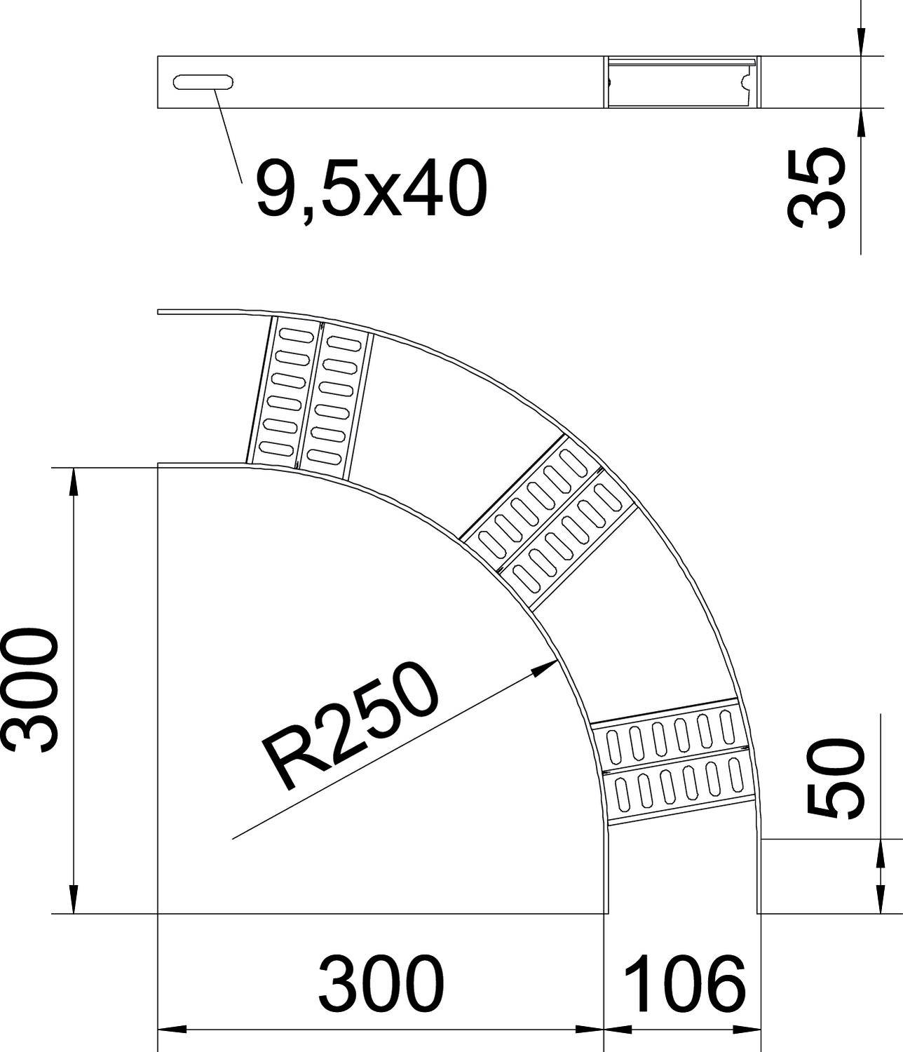Technische Zeichnung eines gebogenen Metallstücks mit Dimensionen: R250 Krümmung, Höhe 300, Breite 300, horizontale Länge 106.