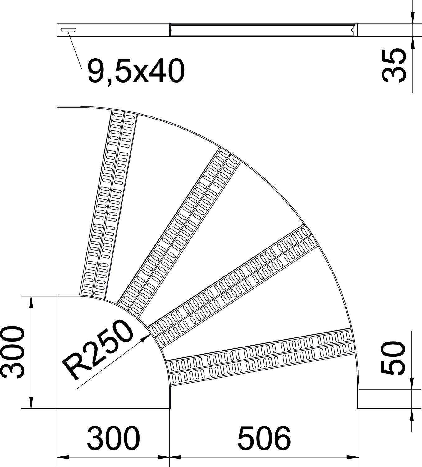 Technische Zeichnung einer gebogenen Treppe mit fünf Stufen. Maße und Radien sind angegeben, z.B. 'R250', '9,5x40', '506'.