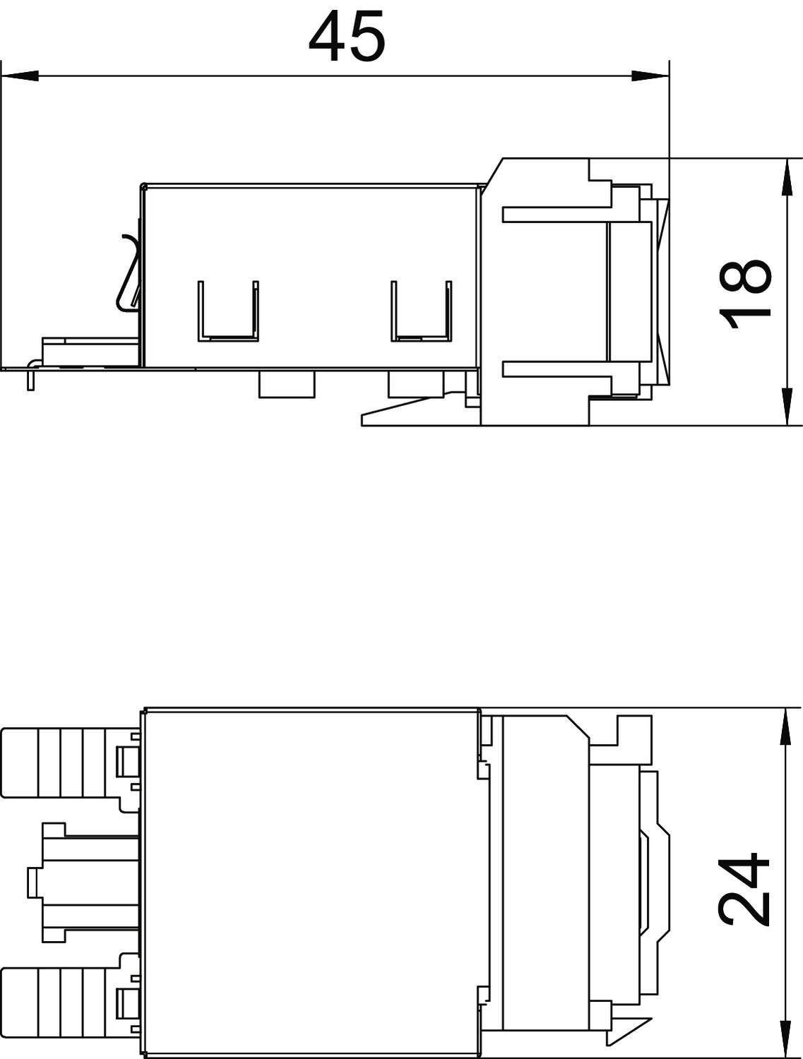 Technische Zeichnung eines Bauteils mit Maßen: Länge 45 mm, Höhe 18 mm, Breite 24 mm. Seiten- und Frontalansicht dargestellt.