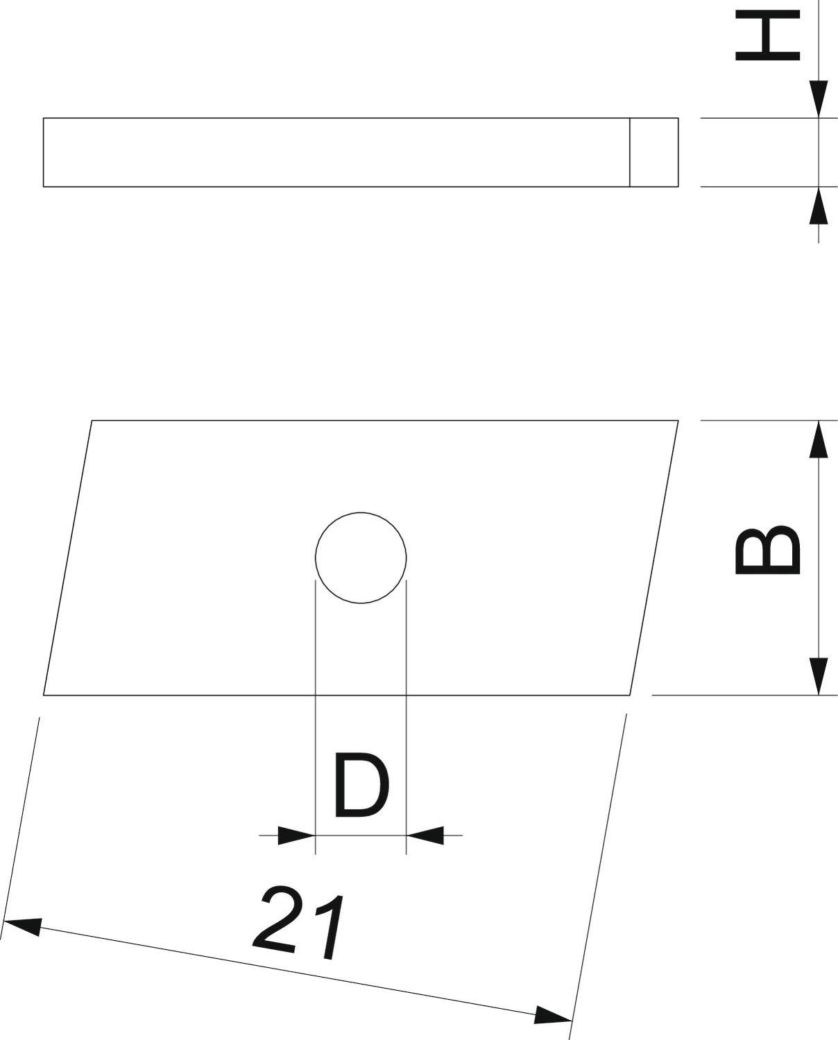 Technische Zeichnung eines rechteckigen Metallstücks mit Loch. Maße: Breite 'B', Höhe 'H', Durchmesser 'D'. Links: Winkel von 21 Grad.