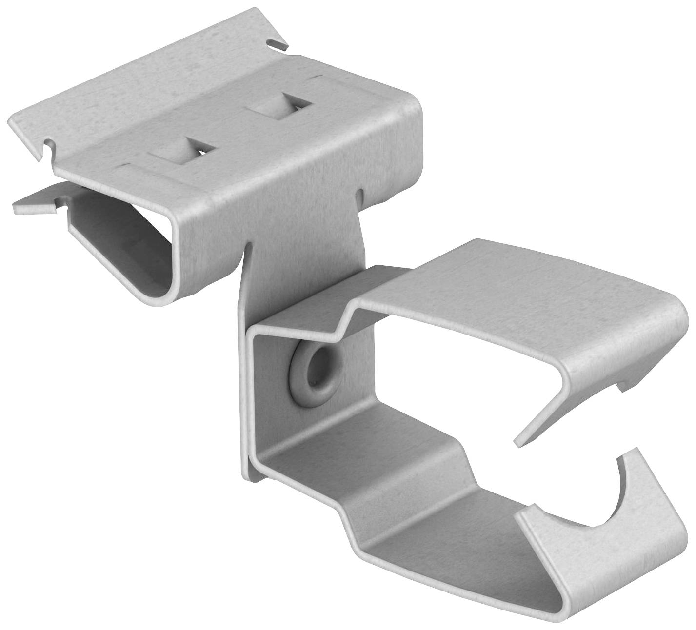 Ein metallischer Kabelclip, der zur Befestigung von Kabeln an Flächen dient. Er hat eine rechteckige Basis und eine gebogene Halterung.