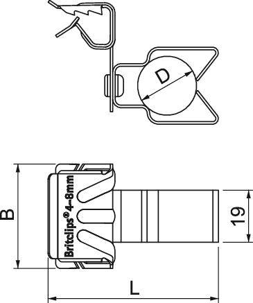 Technische Zeichnung eines Kabelclips mit Maßen. Oben: Seitenansicht des Clips mit kreisförmiger Öffnung. Unten: Frontalansicht, Beschriftung 'Britclips 4-8mm'. Maße B, L, D markiert.