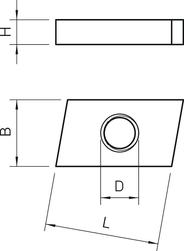 Technische Zeichnung eines metallischen Bauteils mit rechteckiger und zylindrischer Detailansicht. Maße: Breite (B), Länge (L), Höhe (H), Durchmesser (D).