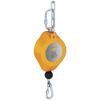 Ein orangefarbenes Höhensicherungsgerät mit silbernem Etikett und Haken, das zum Schutz vor Stürzen dient.
