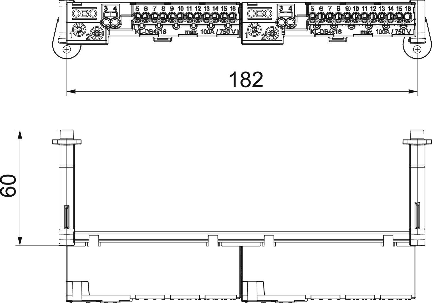 Technische Zeichnung eines elektrischen Anschlussmoduls, oben Draufsicht, unten Seitenansicht. Maße: Länge 182 mm, Höhe 60 mm.