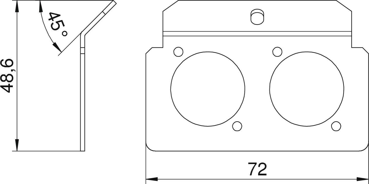 Technische Zeichnung eines Werkstücks mit zwei runden Öffnungen. Maße: Höhe 48,6 mm, Breite 72 mm, Neigungswinkel 45 Grad.