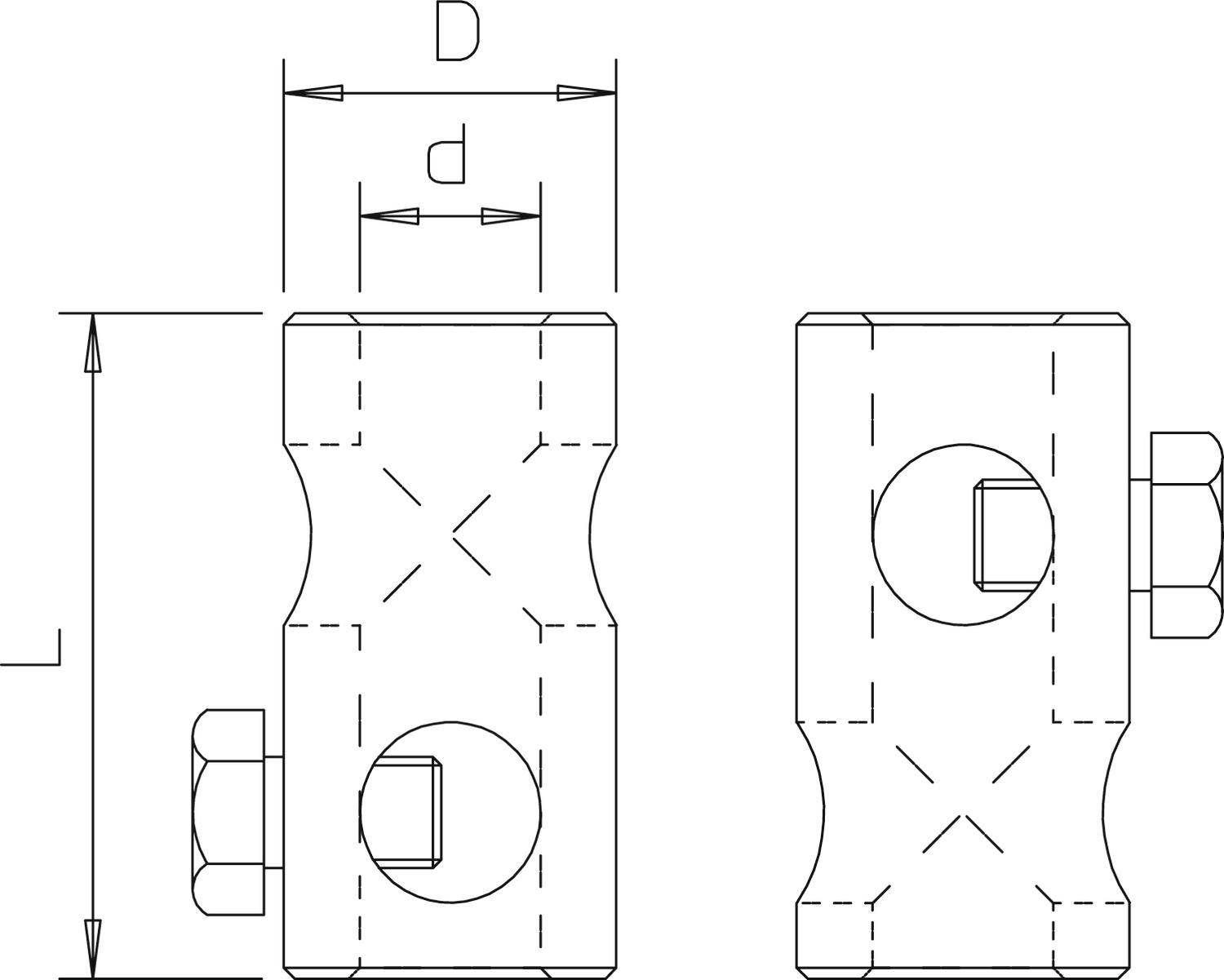 Technische Zeichnung eines Verbindungsstücks mit Maßen 'D', 'd', und 'L', zeigt Vorder- und Seitenansicht mit Position der Schrauben.