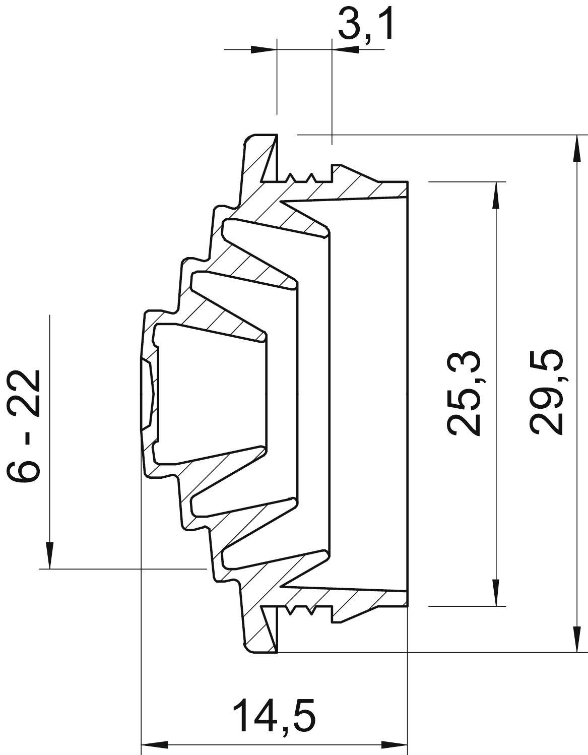 Technische Zeichnung eines Bauteils mit Zahnrädern und Maßen: Höhe 29,5 mm, Breite 14,5 mm, Zahntiefe 6-22 mm, Zahnlänge 25,3 mm.