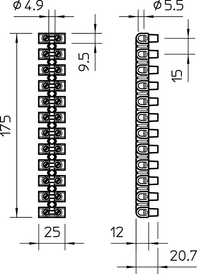 Zwei technische Zeichnungen von Metallprofilen mit Bemaßungen in Millimetern: links 175 lang, 25 breit; rechts 15 lang, 12 breit.
