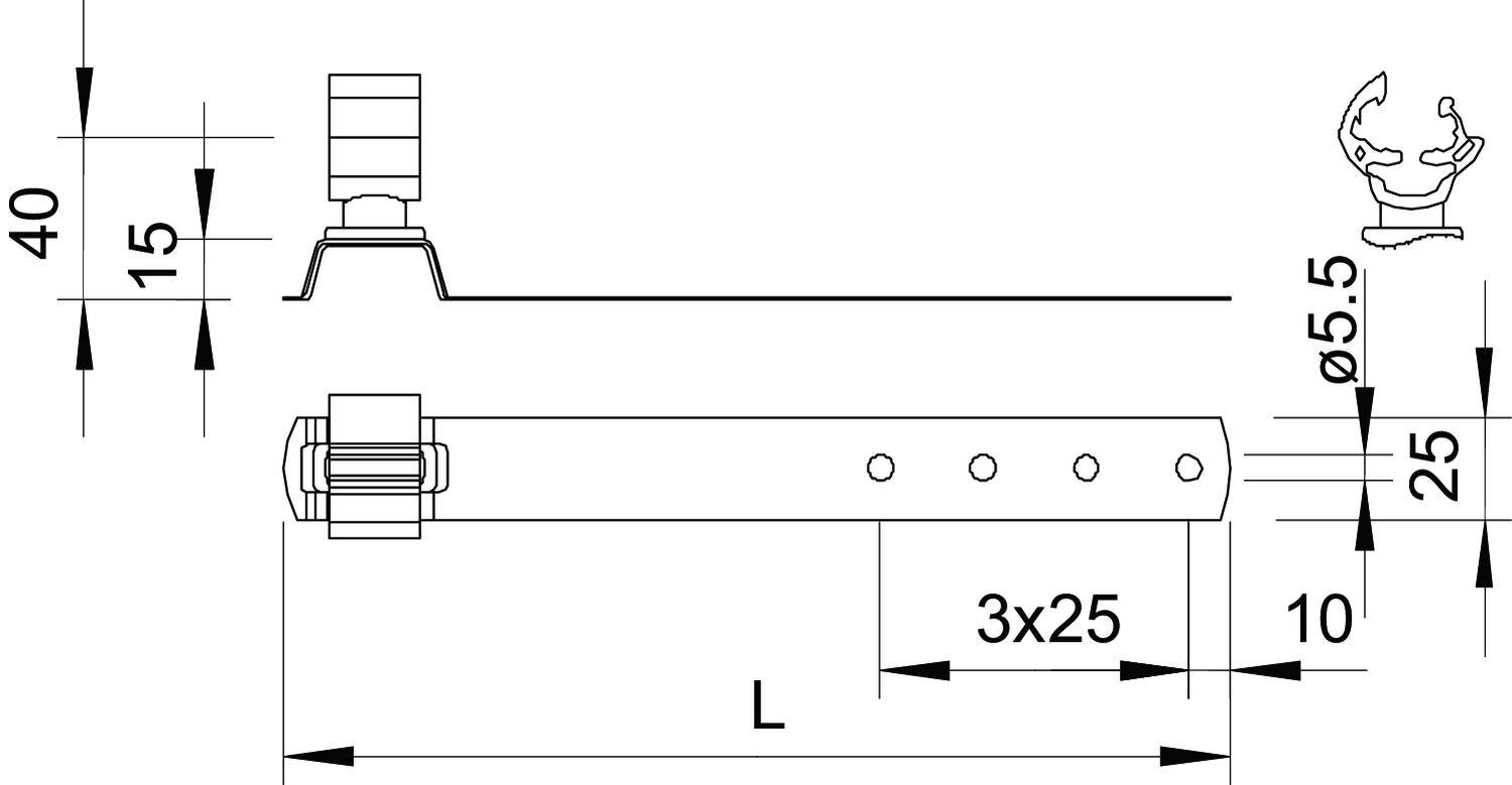 Technische Zeichnung eines Spannbandes mit Abmessungen. Höhe 40, Breite 15, Länge L, Bohrung Ø5.5, Abstandslöcher 3x25.