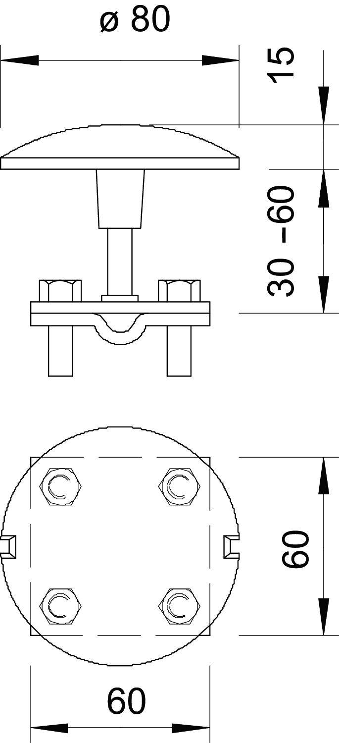 Technische Zeichnung eines runden Abzugsknopfs mit Maßen. Oben Durchmesser 80, Höhe 15, verstellbarer Bereich 30-60, Schraubmontage quadratisch 60x60.