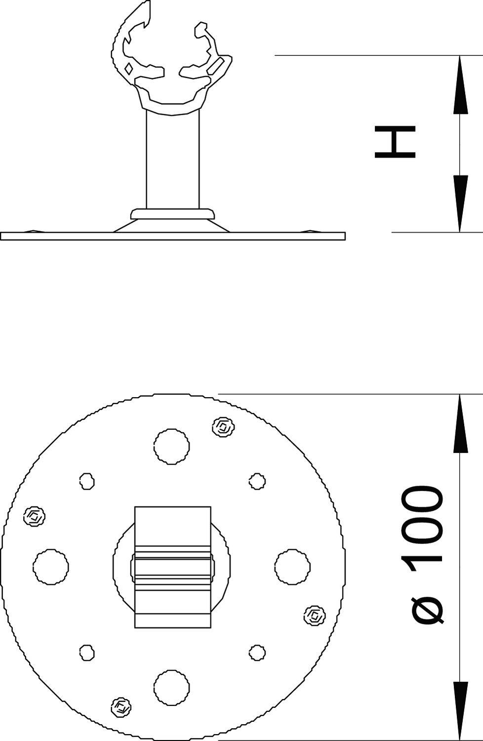 Technische Zeichnung eines Metallflansches mit zwei Ansichten: seitliche und obere Ansicht. Details von Schraubenlöchern und Abmessungen.