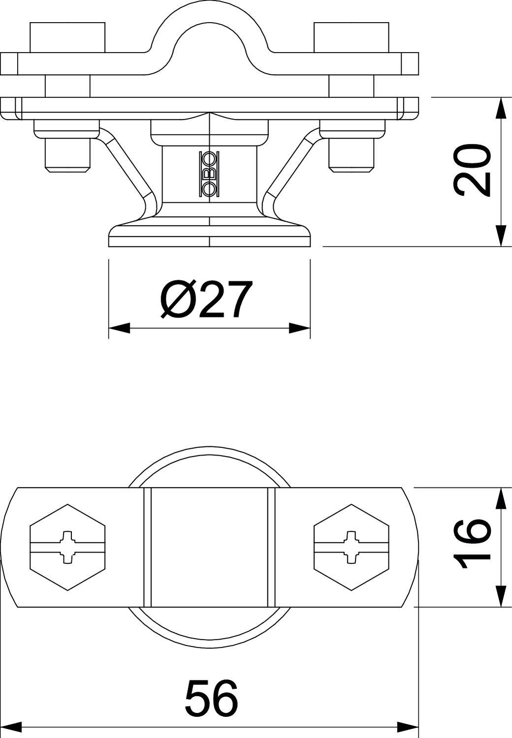 Technische Zeichnung einer Befestigungskomponente mit Maßen: 27 mm Durchmesser, 56 mm Breite, 16 mm und 20 mm Höhenangaben.