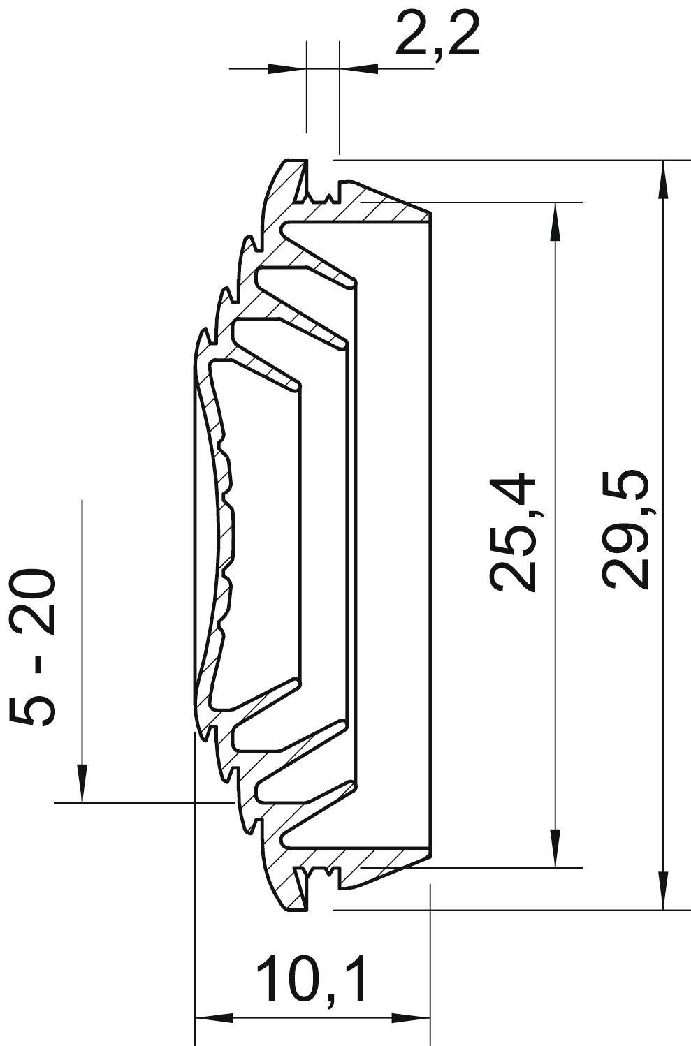 Technische Zeichnung eines Zahnrads im Querschnitt mit Maßen. Durchmesser: 10,1 mm; Höhe: 29,5 mm; Kerntiefe: 25,4 mm; Zahnweite: 2,2 mm; variable Zahntiefe: 5-20 mm.