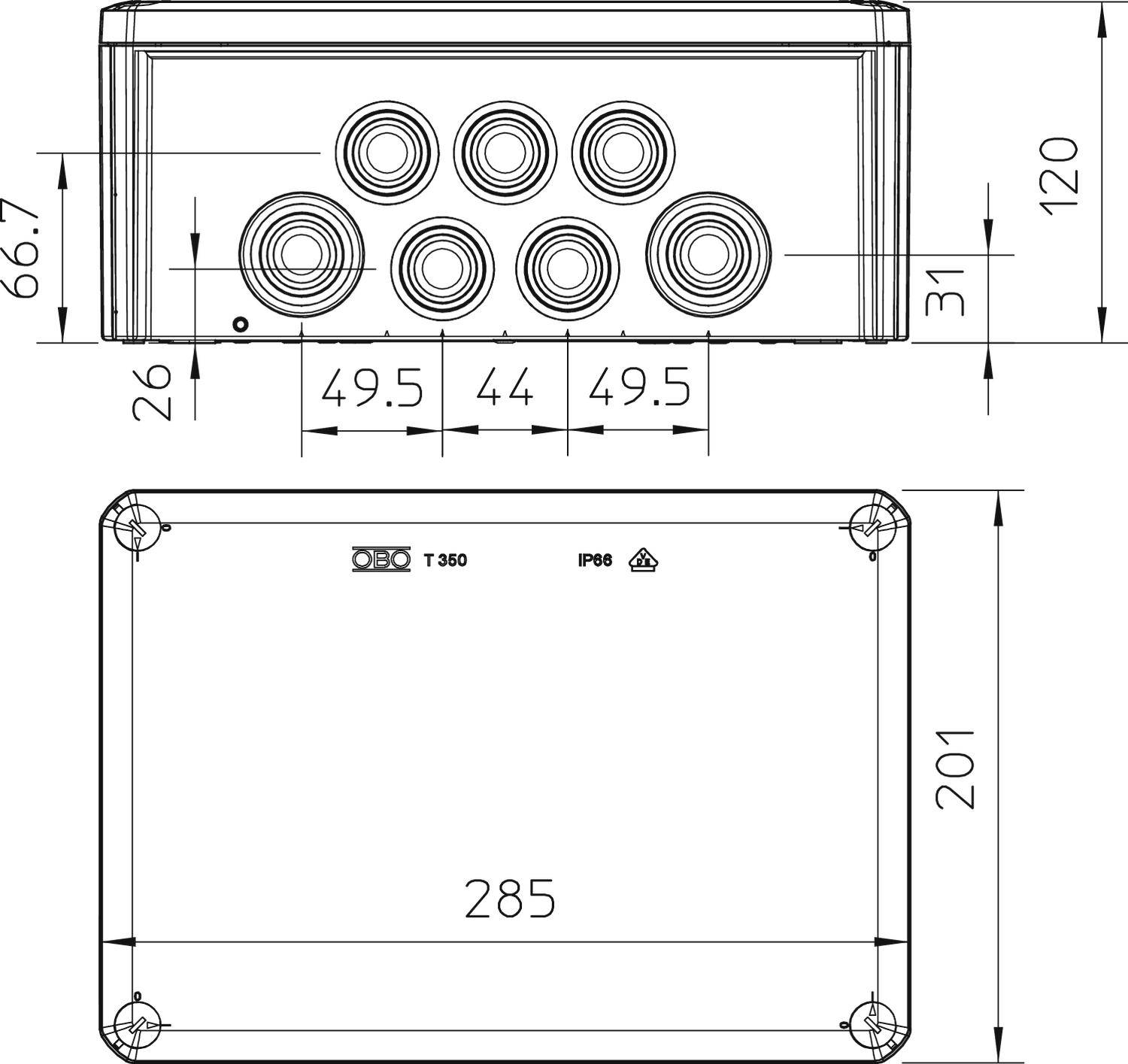 Schaltkasten-Schema mit Abmessungen: 120 mm Höhe, 285 mm Breite. Sieben kreisförmige Öffnungen in einer Reihe. Weitere Maße sind angegeben.