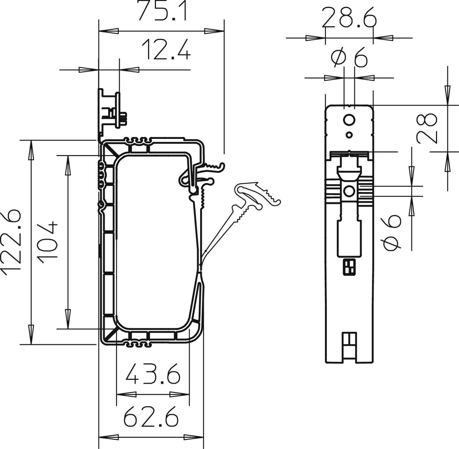 Querschnittszeichnung eines Fensters mit Bemaßungen in Millimetern. Die Breite beträgt 75,1 mm und die Höhe 122,6 mm.