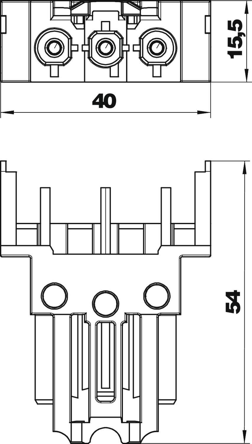 Technische Zeichnung eines Bauteils mit Abmessungen: Breite 40 mm, Höhe 54 mm, weitere Höhe 15,5 mm. Obere Ansicht zeigt Anschlussdetails.
