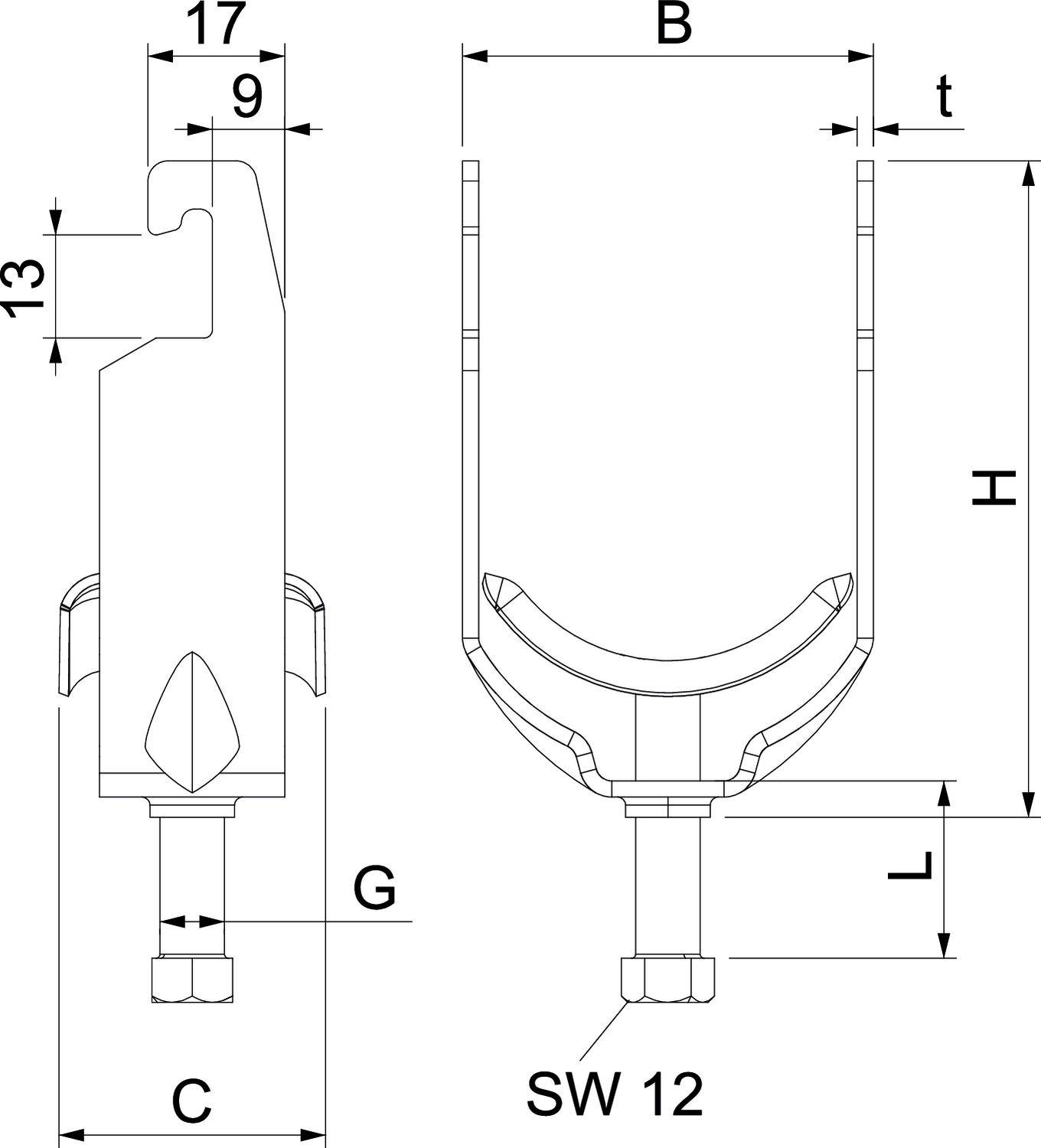 Technische Zeichnung eines Bauteils mit Detailmaßen: Breite (B), Höhe (H), Tiefe (t), Breite unten (C), und Gewindegröße (G).