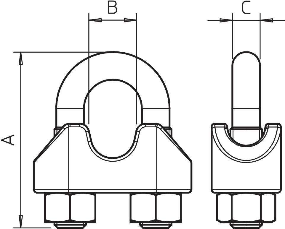 Technische Zeichnung eines Drahtseilclips mit Beschriftungen: Höhe (A), Breite (B) und Durchmesser (C). Vorder- und Seitenansicht.
