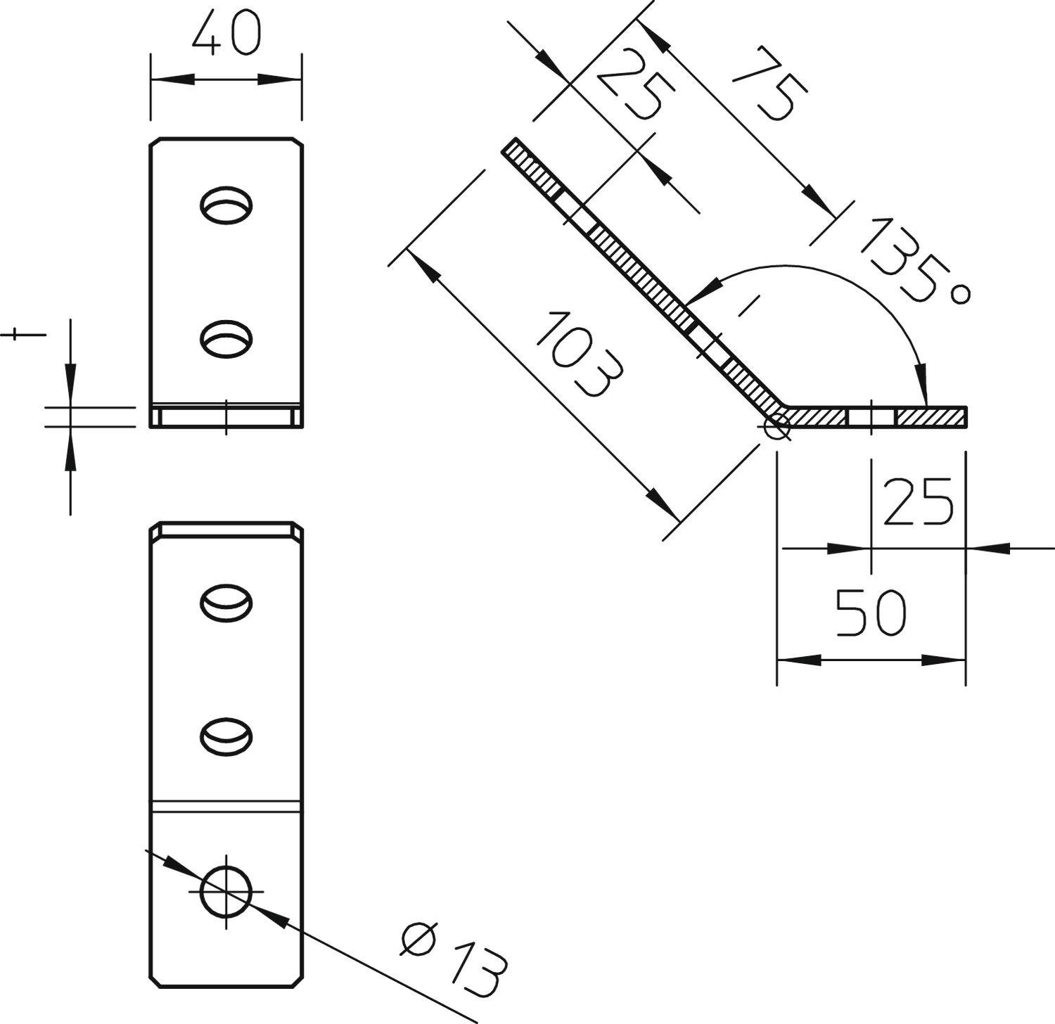 Technische Zeichnung eines Winkelstücks mit Maßen: 40x103 mm, zwei Bohrungen ø13 mm, Winkel 135 Grad, Bemaßungen an den Kanten.