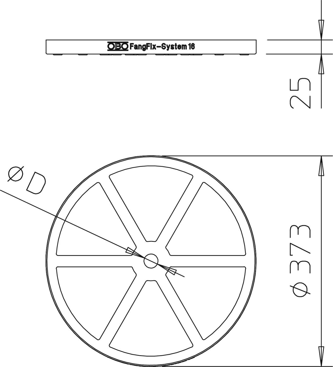 Technische Zeichnung eines runden Bauteils mit Schlitzen und Beschriftung 'FangFix-System 16'; Durchmesser: 373 mm, Höhe: 25 mm.