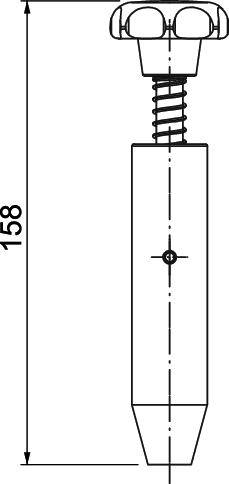 Technische Zeichnung eines Bolzens mit Federmechanismus, Gesamtlänge 158 mm.