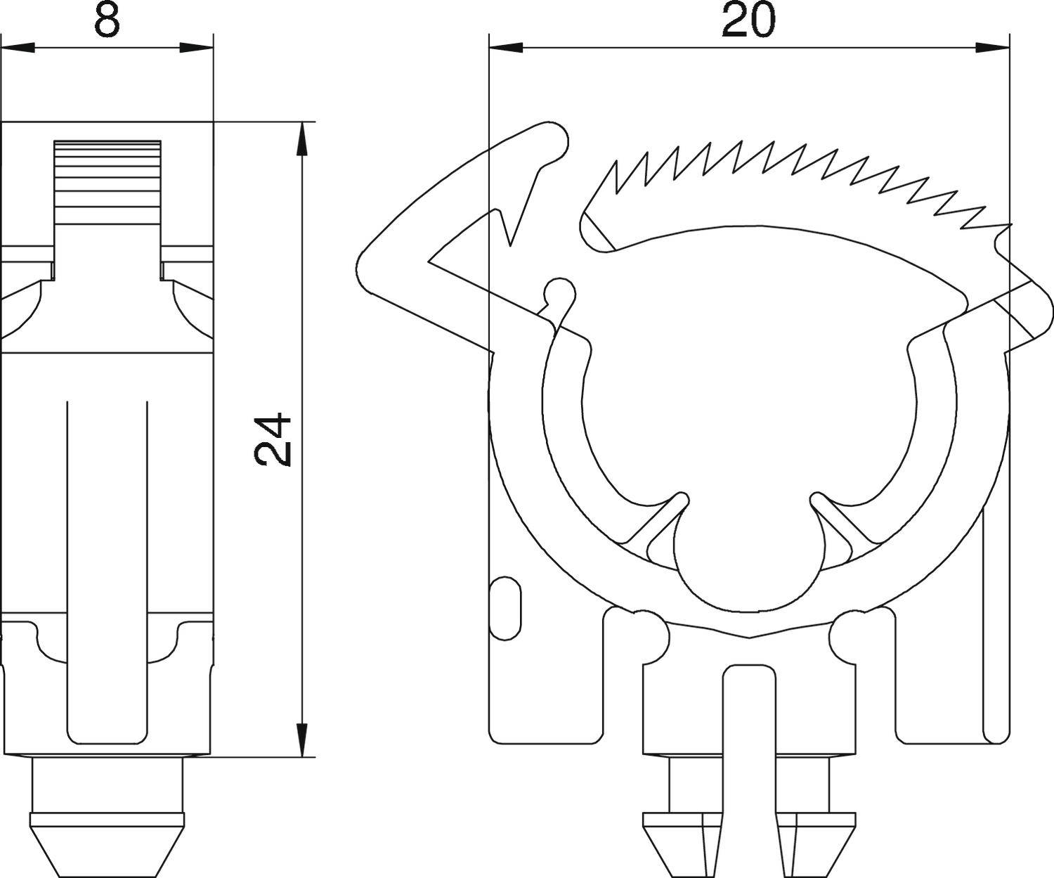 Technische Zeichnung eines mechanischen Teils mit Abmessungen: 24 mm Höhe, 20 mm Breite, 8 mm obere Breite.