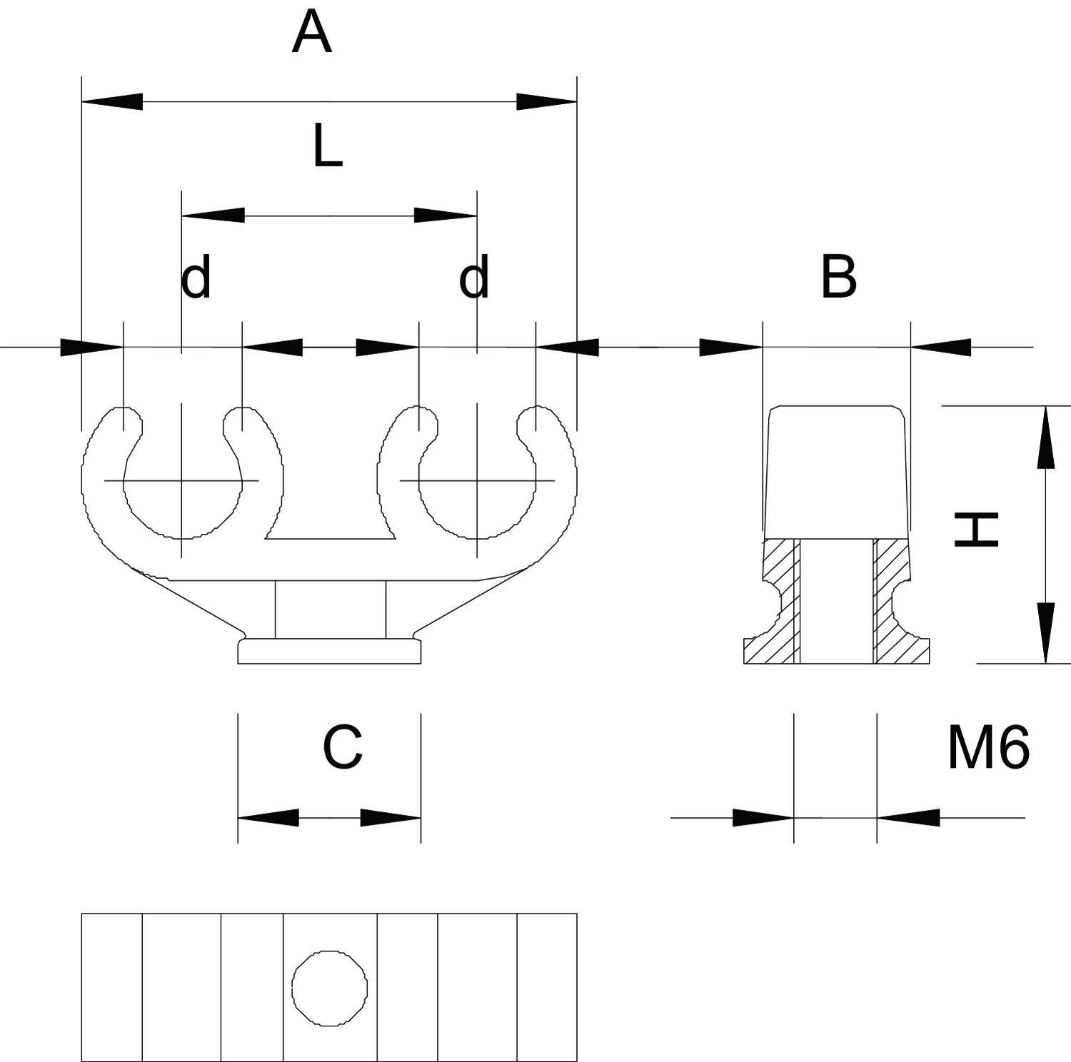 Technische Zeichnung eines Kabelhalters mit Maßen: A, B, C, L, d, H, M6. Dient zur Befestigung und Organisation von Kabeln.