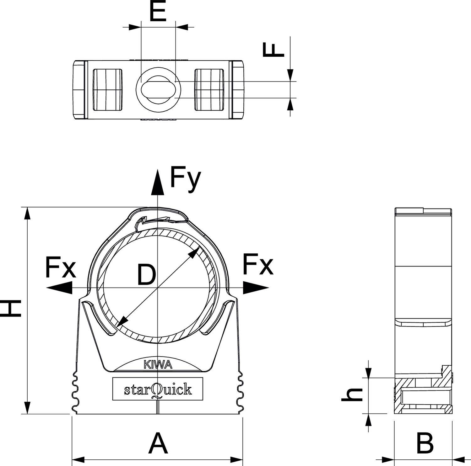 Zeichnung einer Schelle mit seitlicher und frontalem Ansicht, Bemaßungen A, B, D, E, F, H und h sowie Kräfte Fx und Fy angegeben.