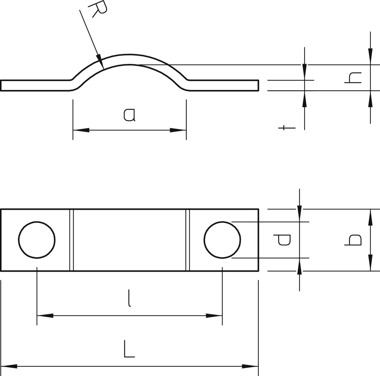 Technische Zeichnung eines Halters mit Bogen und Bohrlöchern. Maße und Radien mit a, R, h, t, l und L gekennzeichnet. Geeignet für technische Analysen.