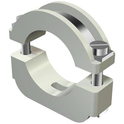 Graue Metall-Schelle mit Schrauben, zur Verbindung von Rohren oder Stangen verwendet, zeigt geöffnete und geschlossene Ansichten.
