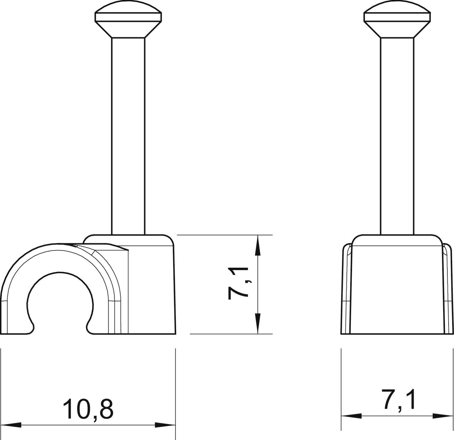 Technische Zeichnung eines metallischen Befestigungsclips mit Maßen: Breite 10,8 mm, Höhe 7,1 mm. Seiten- und Frontansicht.