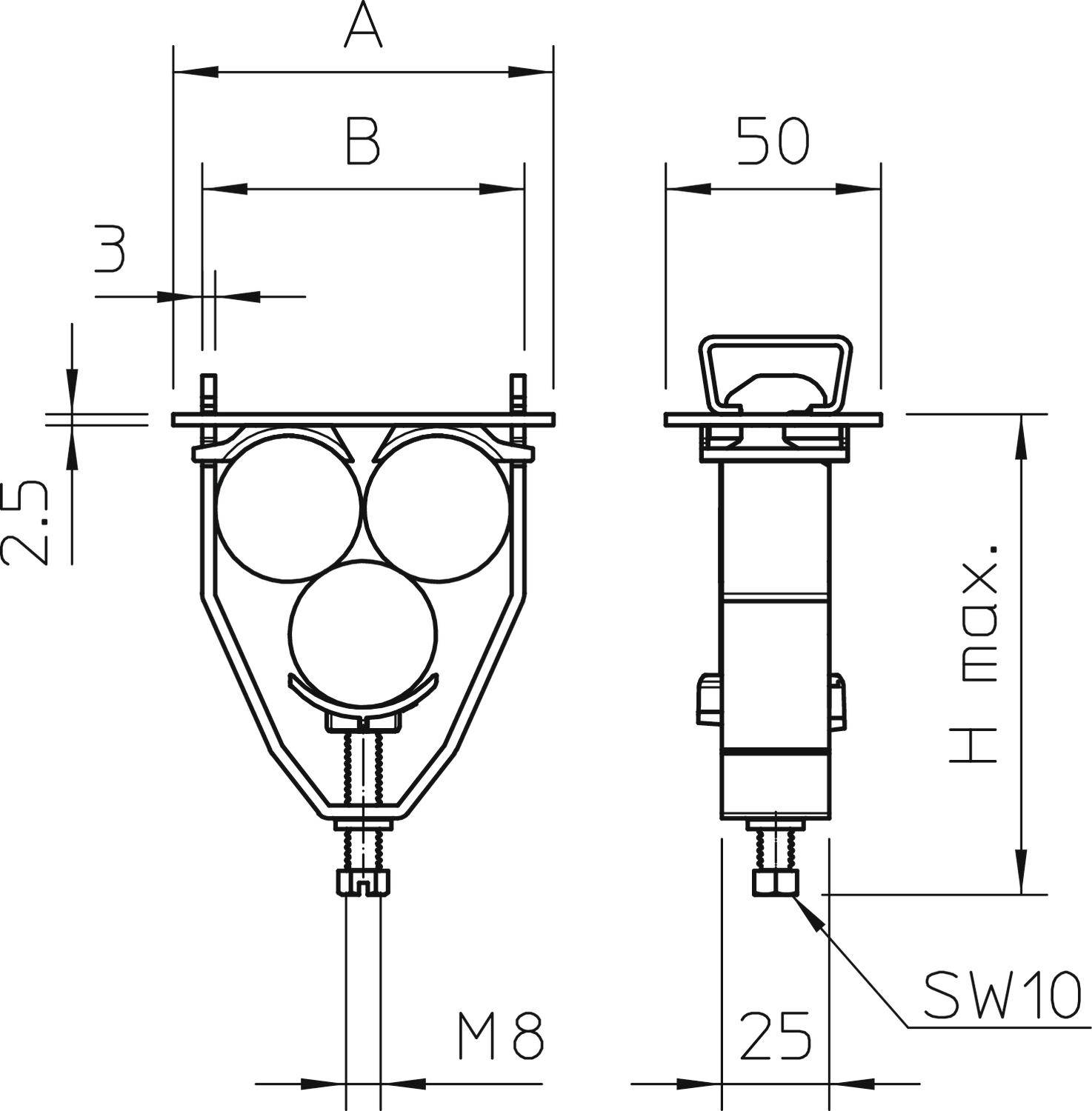 Technische Zeichnung eines dreirädrigen Laufwerks mit Maßen. Vorderansicht zeigt drei Räder, Seitenansicht mit Maßen: 50 mm Breite, M8 Gewinde.