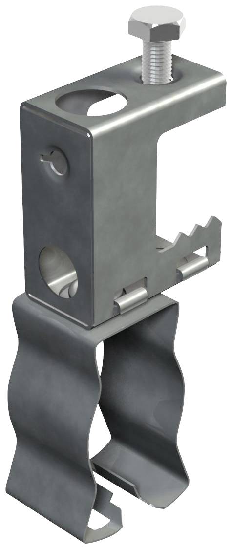 Befestigungsklemme aus Metall mit Schraube und gezahnten Kanten, geeignet zur sicheren Verbindung von strukturellen Elementen.