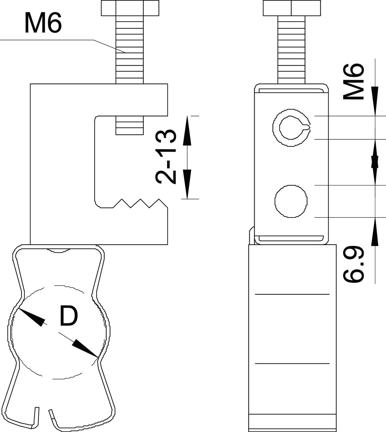 Technische Zeichnung einer M6-Klemmhalterung mit Maßen. Links: geöffnete Ansicht mit Gewinde, rechts: seitliche Ansicht mit Schraubenlochdetails.
