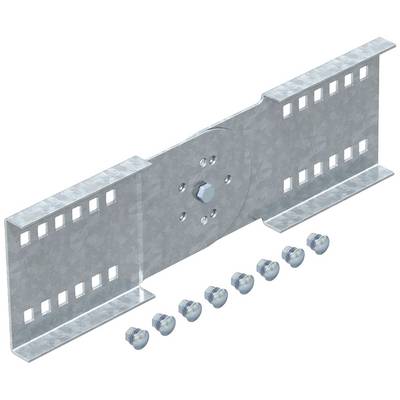 Metallverbindungsplatte mit Bolzen und Muttern. Rechteckige Form mit Lochmuster an den Seiten. Enthält acht Schrauben und Muttern.