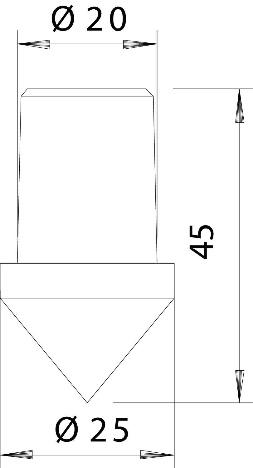 Technische Zeichnung eines Kegels mit einem Sockel. Der Durchmesser oben ist 20 mm, unten 25 mm, und die Höhe beträgt 45 mm.