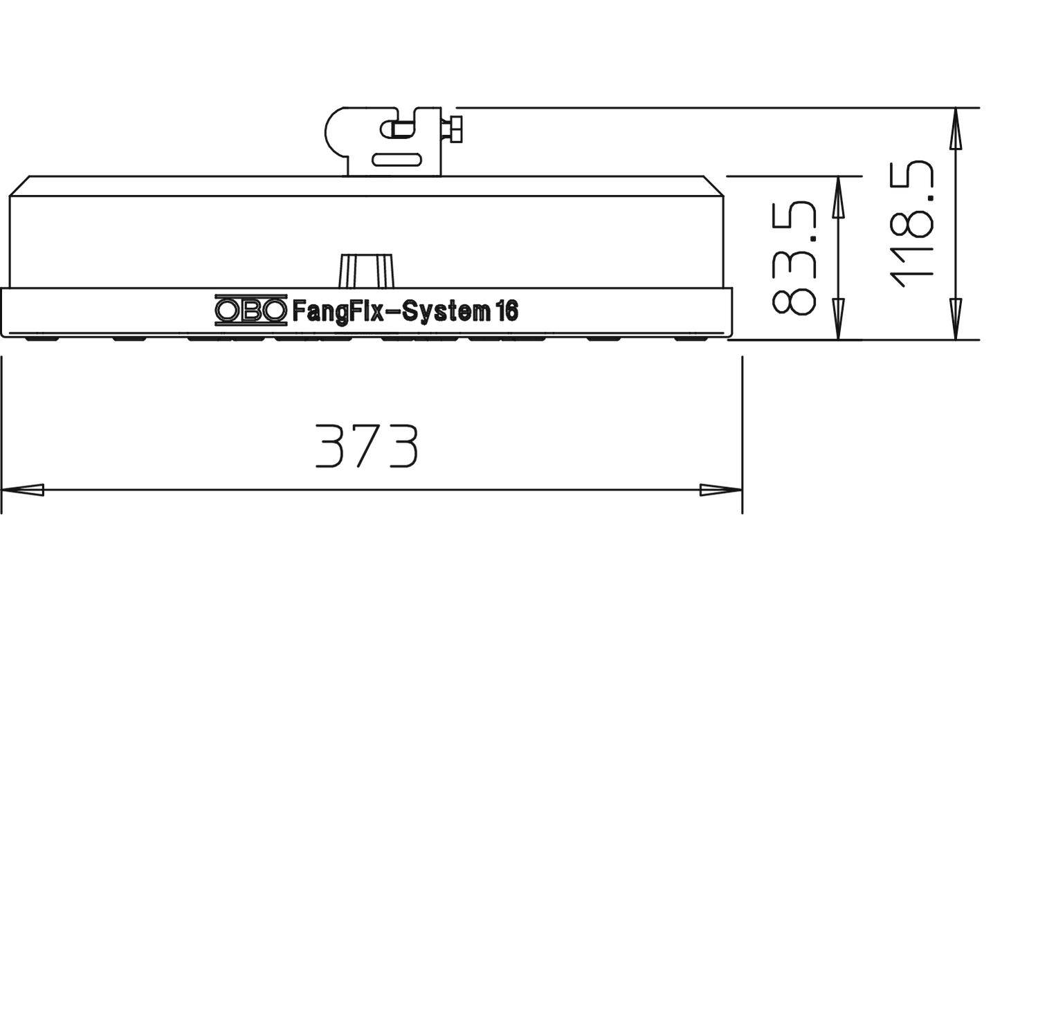 Technische Zeichnung einer Deckenleuchte mit der Aufschrift 'FangFix-System 16'. Maße: Breite 373 mm, Höhe 118,5 mm.