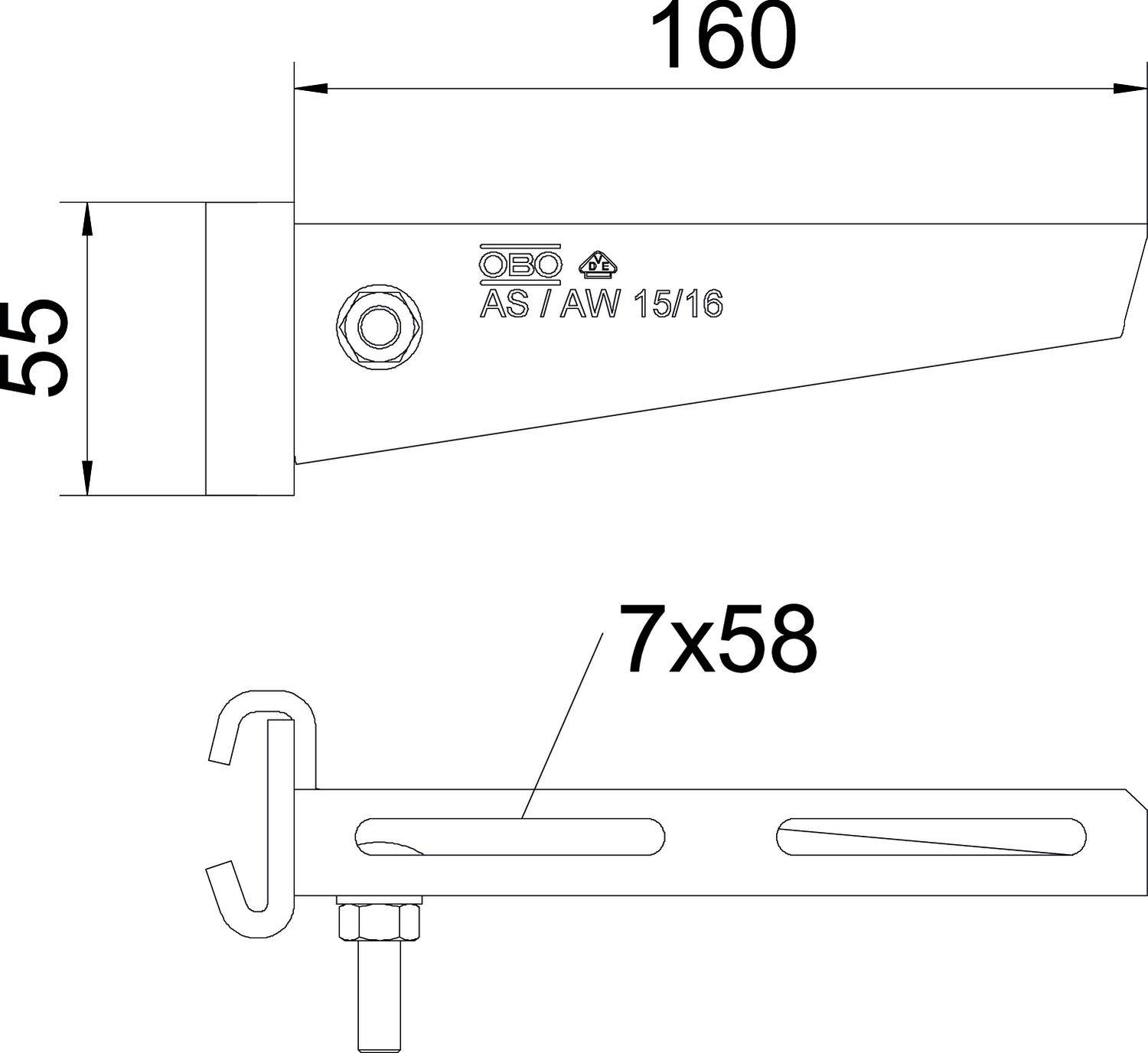 Bemaßungsskizze eines Halterungsarms: Länge 160 mm, Höhe 55 mm. Unten befindet sich eine Befestigungsschraube mit Schlitz zur Justierung (7x58 mm).