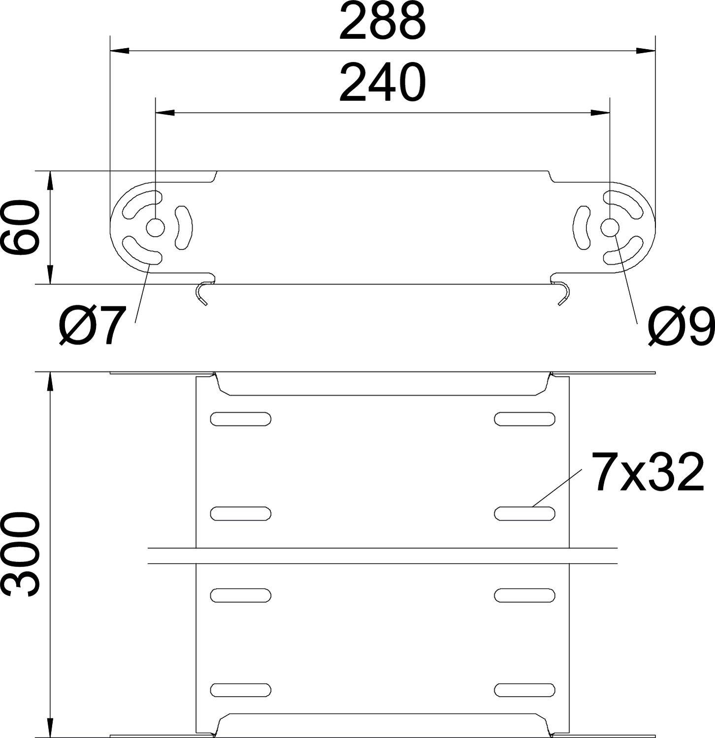 Technische Zeichnung eines Bauteils mit Maßen: Länge 288 mm, Breite 240 mm, Höhe 300 mm, Durchmesser 7 mm und 9 mm, Bohrungsmaß 7x32 mm.